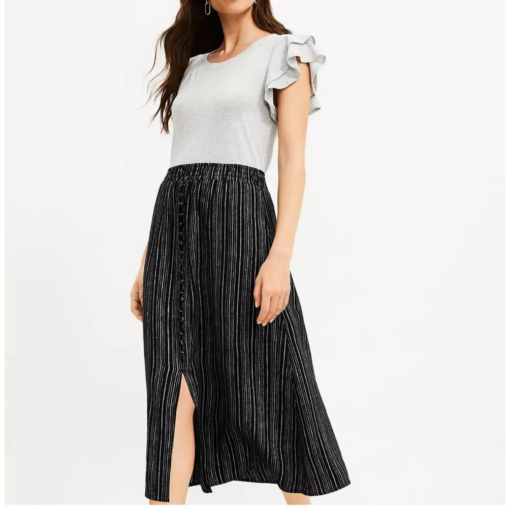 LOFT Linen blend striped Button Pull On Midi Skirt